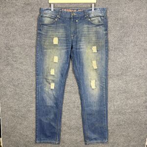 Crunch Mens Jeans 38x32 Blue Denim Distressed Straight Leg Faded Wash